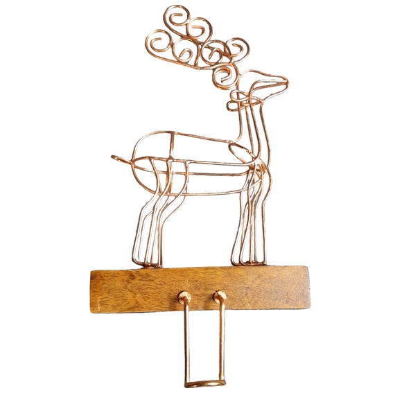 Copper mantel stocking hanger with a wooden base 9.5in tall  5.5in base - Picture 1 of 5